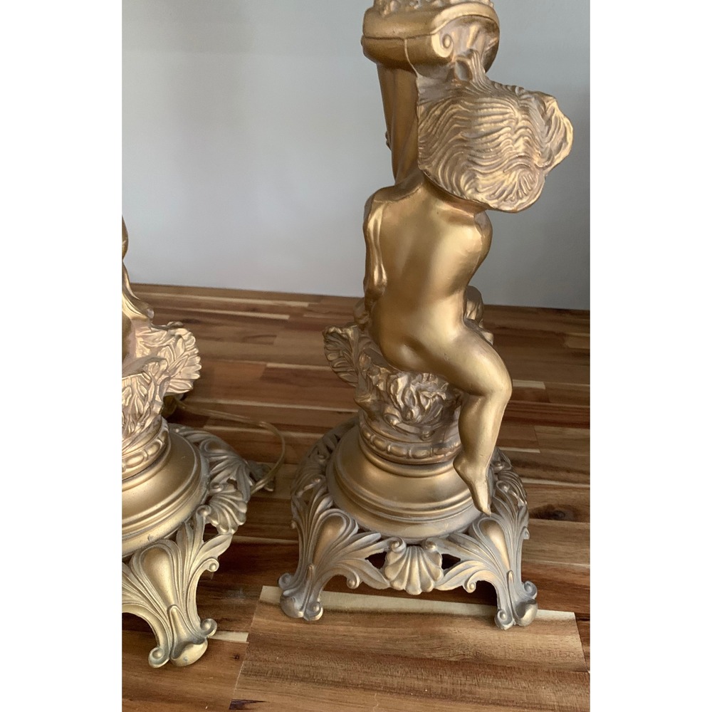 Vintage Gold Cherub Table Lamps Pair Ornate Regency Retro Old Money Quiet Luxury - Picture 8 of 8